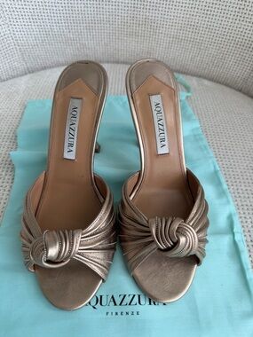 Aquazzura Metallic Gold Knotted Leather Mule Sandals